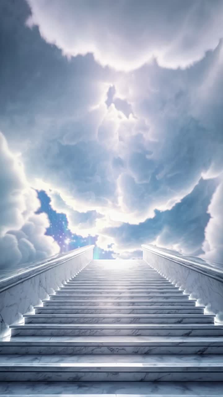 A surreal video concept featuring a low-angle view of a marble staircase ascending into a starry sky