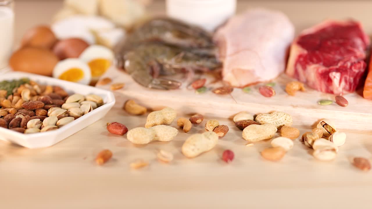 다양한 단백질 소스가 테이블에 배열되어 있습니다.