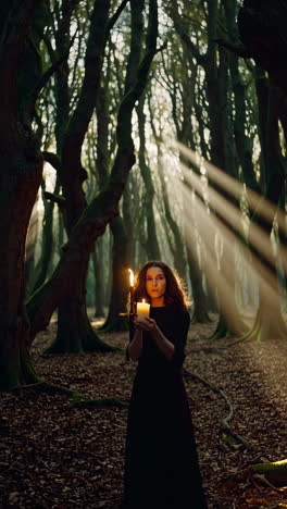 woman holding a candle in a mystical forest with sunbeams