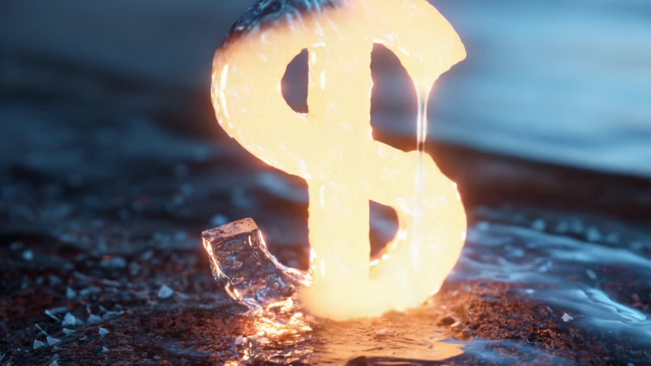 Um cifrão cintilante esculpido em gelo e água, simbolizando riqueza e prosperidade em uma cena lindamente iluminada de dinâmica de fluidos.