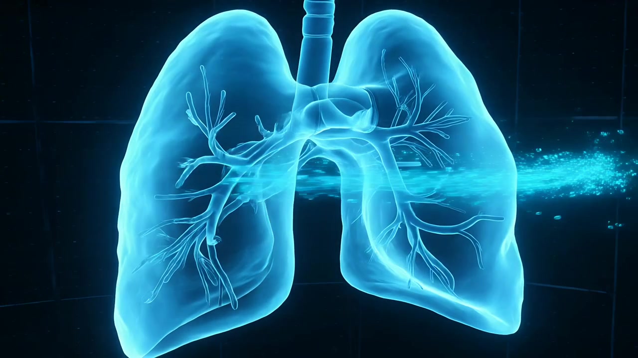 Apparendo sul bordo destro, un flusso di particelle che attraversa polmoni 3D con trachea in laboratorio, mostrando il flusso d'aria.