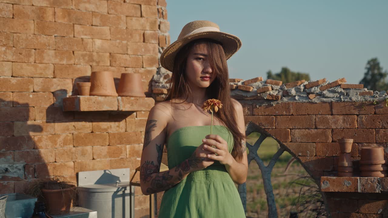 Woman in a Green Dress with a Flower