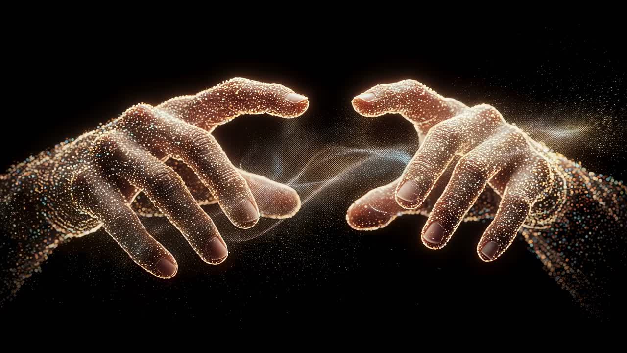 Establishing a captivating bond by intertwining our hands amidst a luminous glow of otherworldly light and vibrant energy