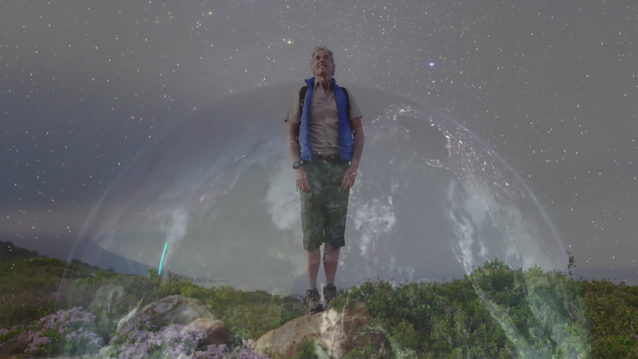 Man standing atop rocky hillside, using technology hologram globe for data visualization at night