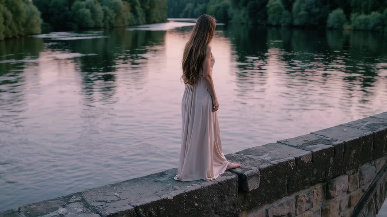 Woman in a Beige Dress on a Bridge at Sunset