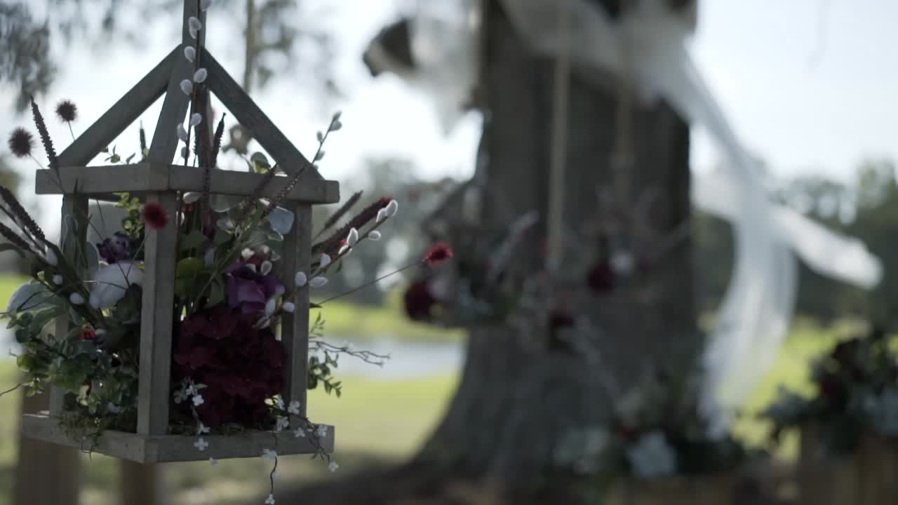 Hanging lanterns swaying from tree at wedding ceremony