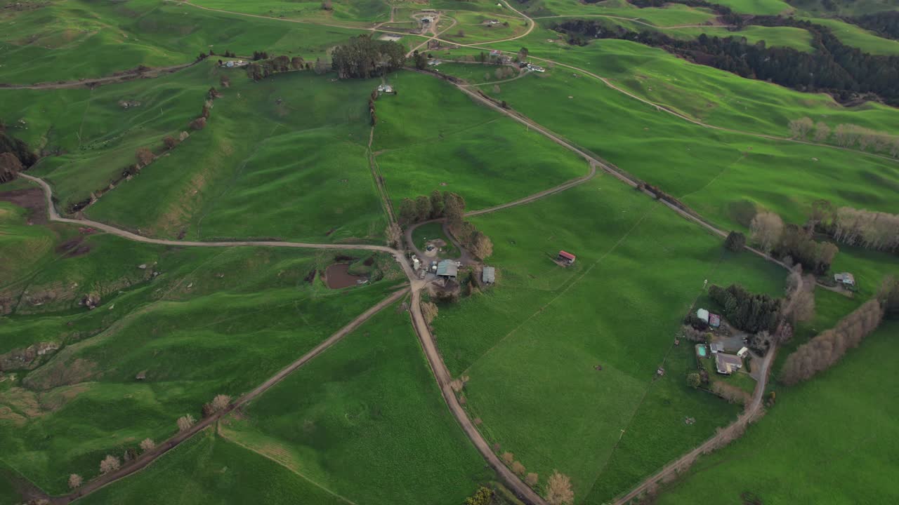 Farm houses manor around green grass field rural agriculture field, aerial drone