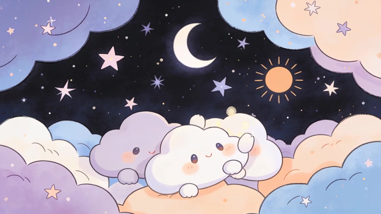 Peeking three clouds bobbing in soft dreamscape, one raising paw releasing bubbles while playing