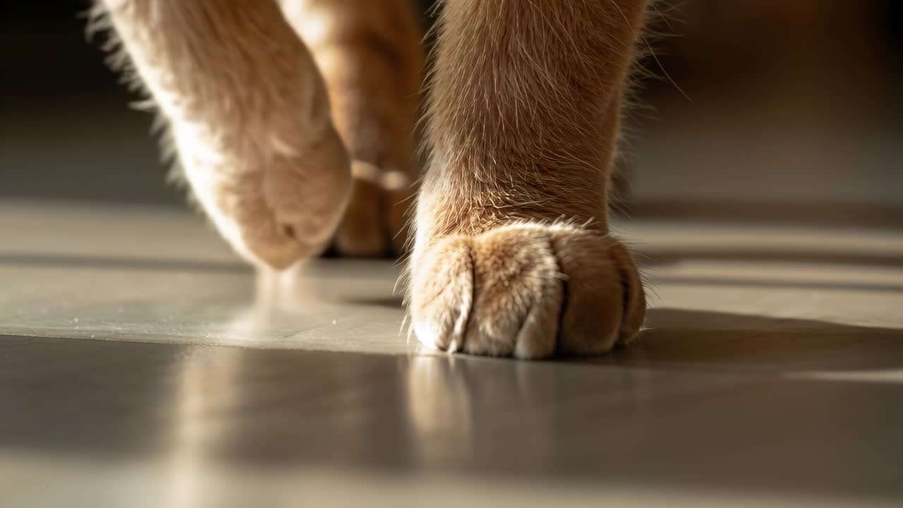 Eine rote Katze wird von einem sonnigen Fleck angezogen und läuft mit ihren Vorderpfoten auf einem glänzenden Boden im Haus auf die Kamera zu.