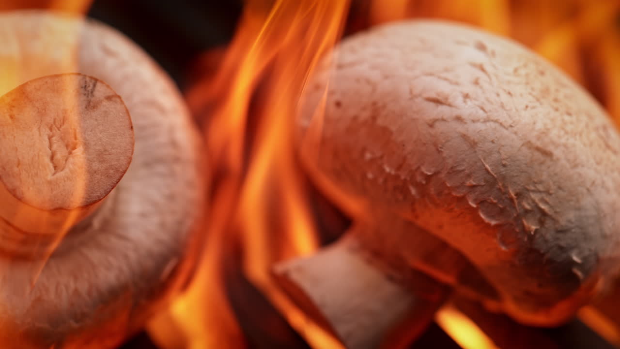 setas asadas en una parrilla, asadas por las llamas debajo de la parrilla rejilla, macro y cámara lenta