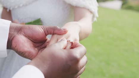 video of hands of diverse bride and groom, groom putting ring on bride's finger at outdoor wedding