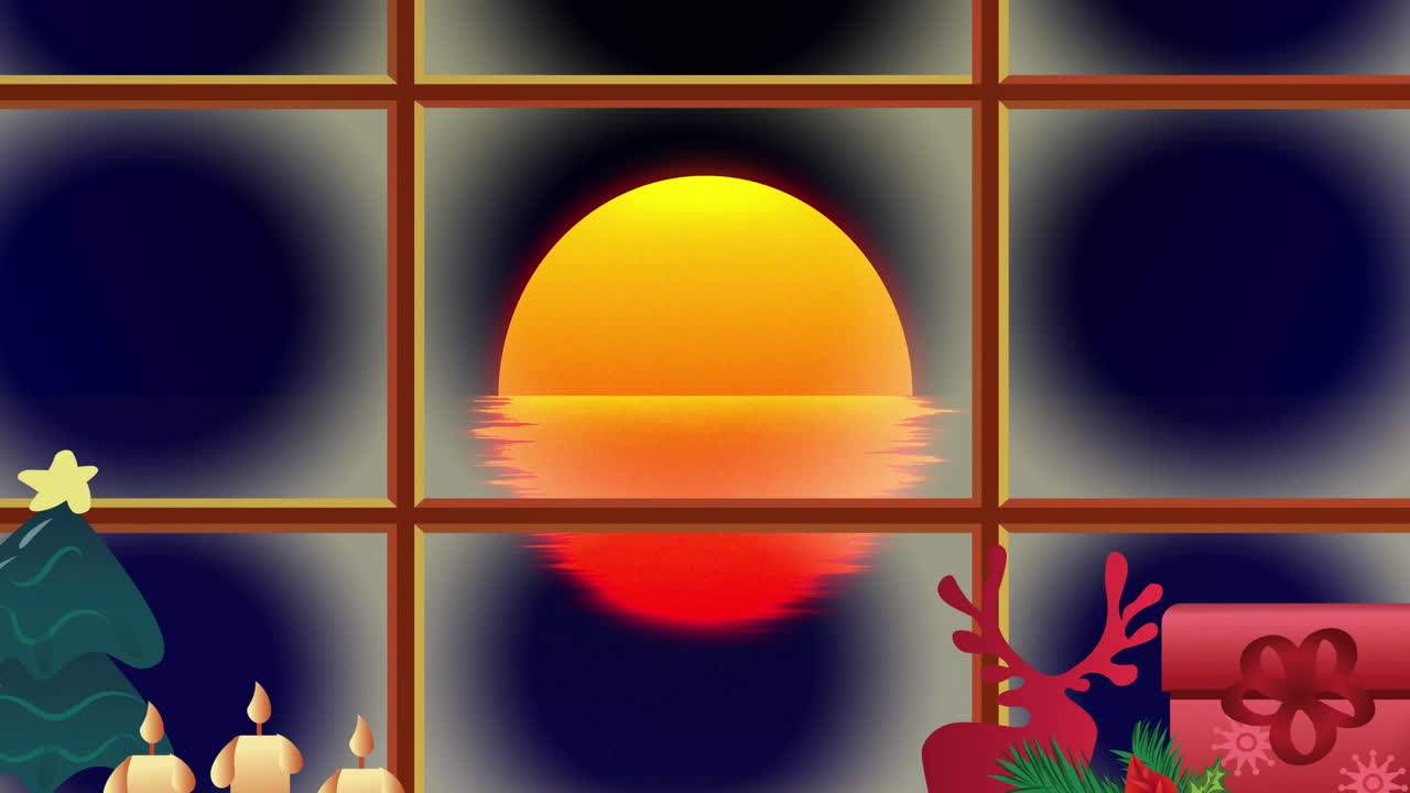 Christmas decorations and candles on window ledge with sunset view in background