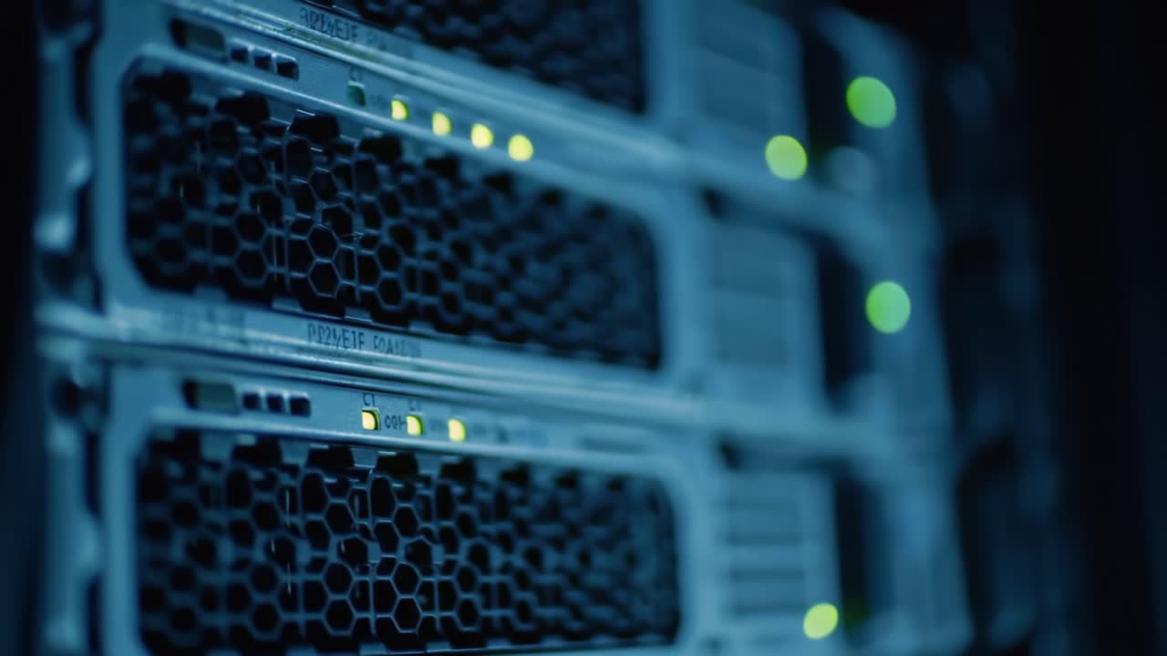 Illuminated server racks hum quietly in a dark data center. Bright green indicators show active connections while cooling systems keep equipment at optimal temperatures.