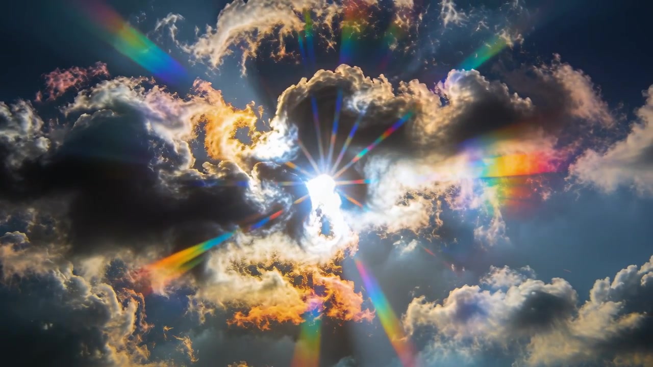 Responding to sun brightening, large cumulus cloud thinning and revealing sun in sky, rainbow bands