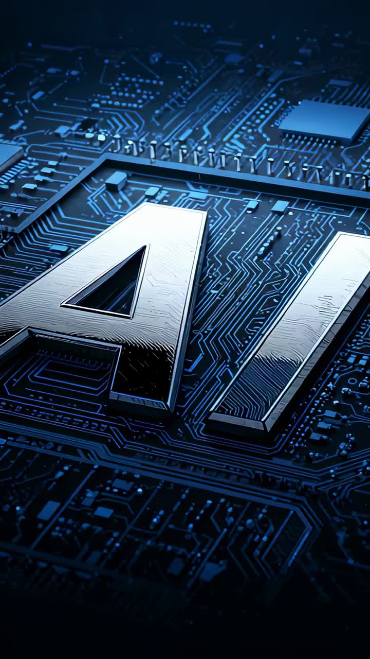 Vertical video: Tracking 3D AI letters, camera lifting, revealing chip and cyan traces on PCB