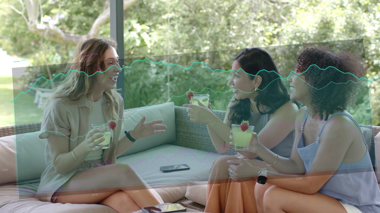 Three women laughing, left woman speaking on patio, green waveform visualizing speech for marketing