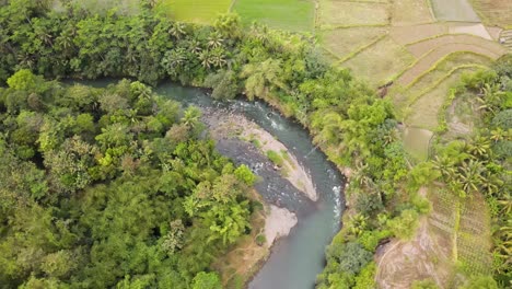 Aerial-view-of-tranquil-winding-river,-amid-lush-green-landscape-of-Indonesia-country