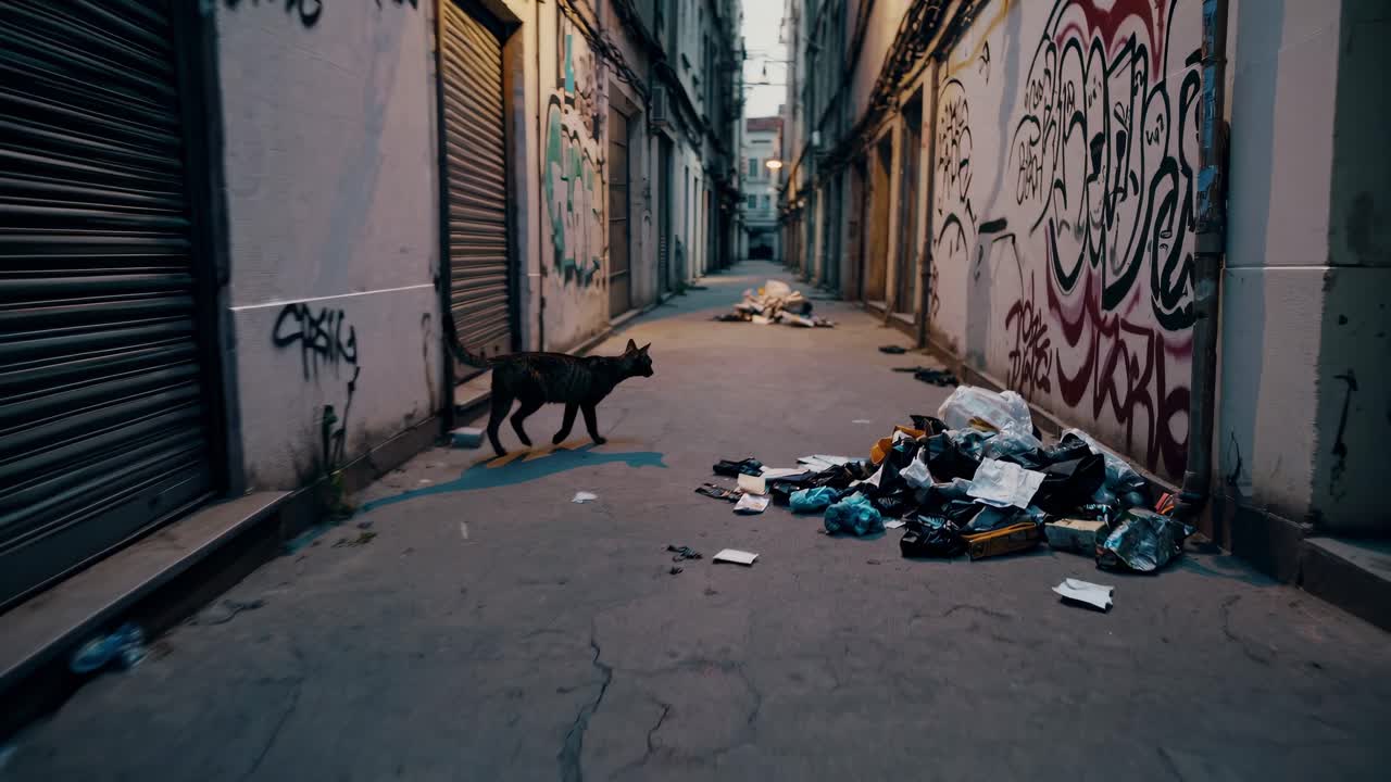 Ripresa video dal basso di un vicolo urbano con muri ricoperti di graffiti, che mostra rifiuti