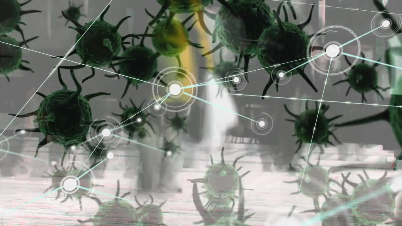 animación de células de macro coronavirus covid-19 que se propagan a través de conexiones y personas en la calle