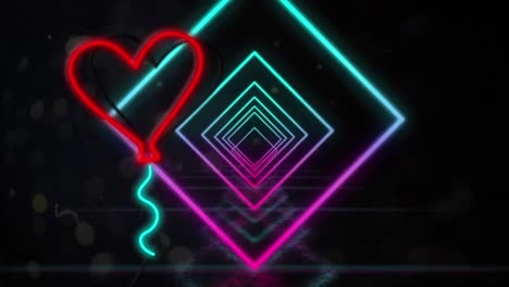 Animation-of-neon-heart-balloon-and-squares-on-black-background