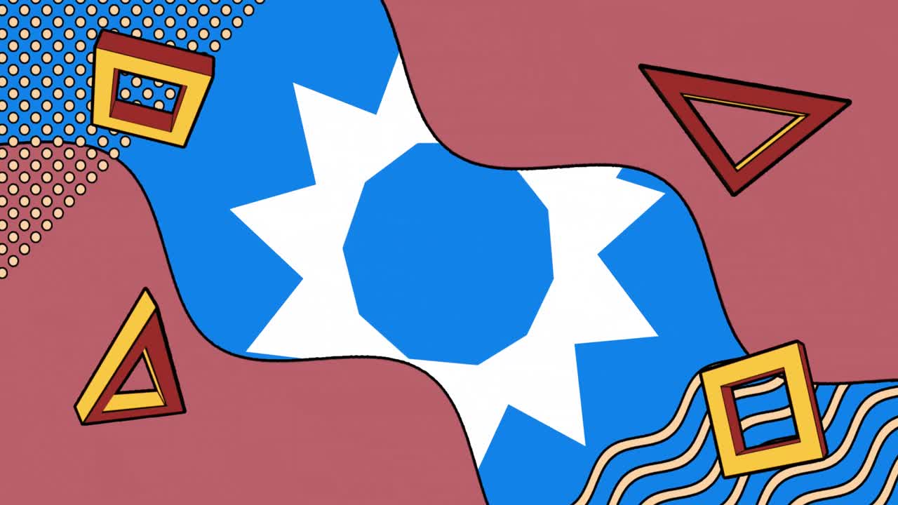 파란색 배경에  ⁇  차트와 추상적인 모양의 애니메이션