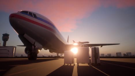 suitcases standing on airstrip in front of an airplane during a evening. brand new, white, extremely wealthy people business travel class