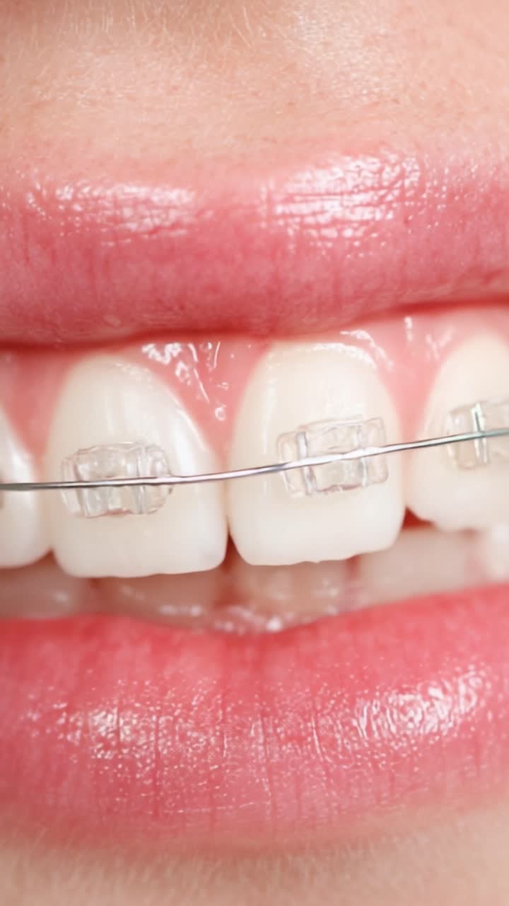 Close-Up Dental Care: A Focused Look at Clear Braces on Teeth, Showcasing Alignment and Smile Transformation through Orthodontic Treatment in Two Stages