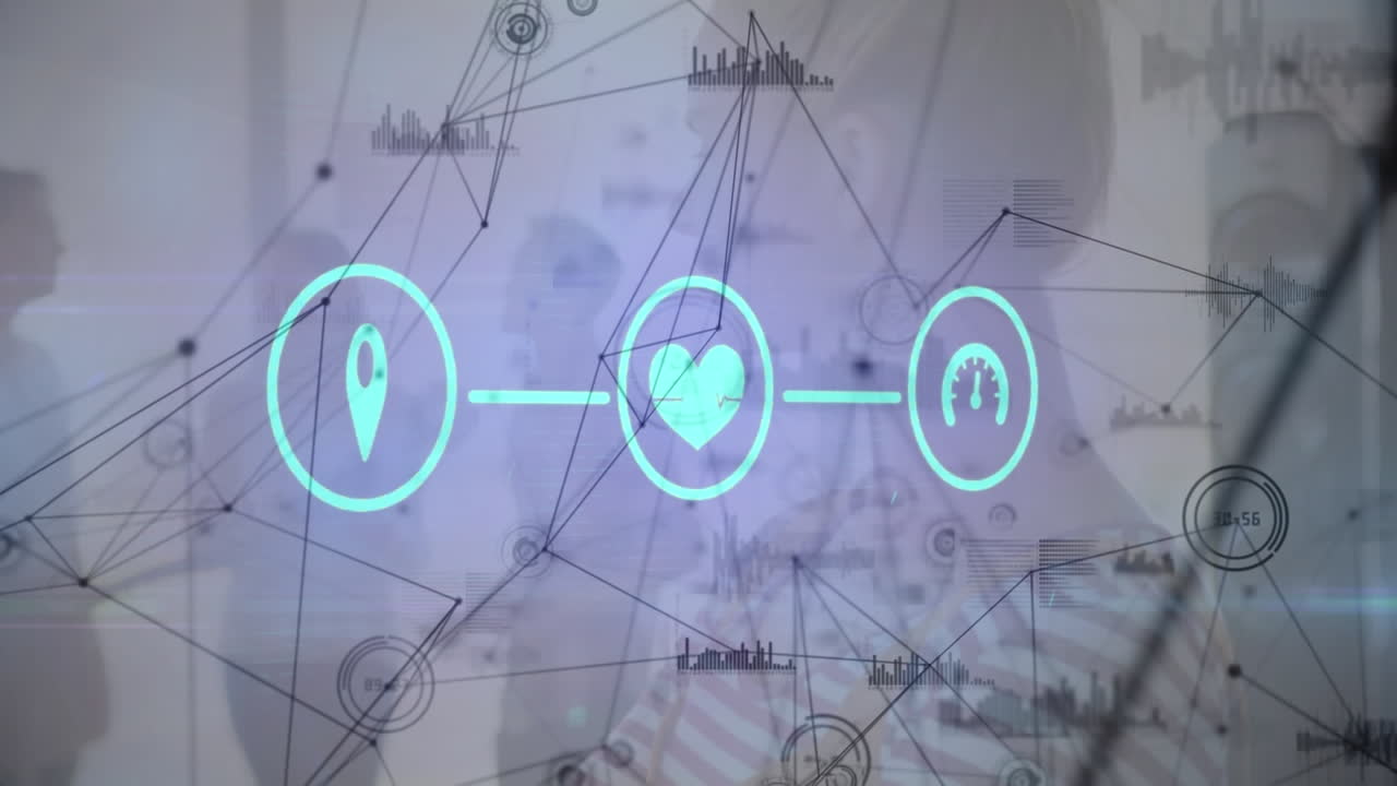 아이콘의 애니메이션, 비즈니스 사람, 데이터 처리 및 연결 네트워크