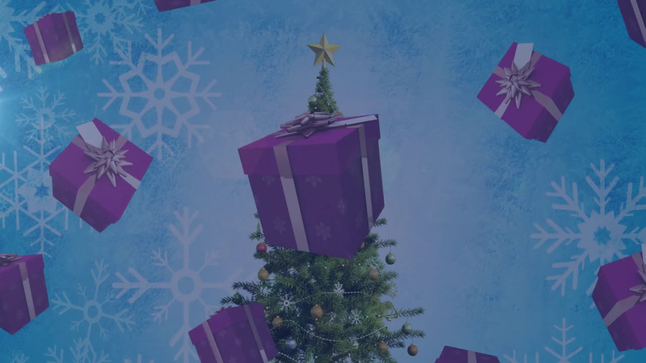 크리스마스 트리 위 에 떨어지는 선물 들 의 애니메이션