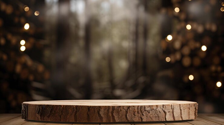 Espositore per prodotti in legno nella foresta con luci bokeh