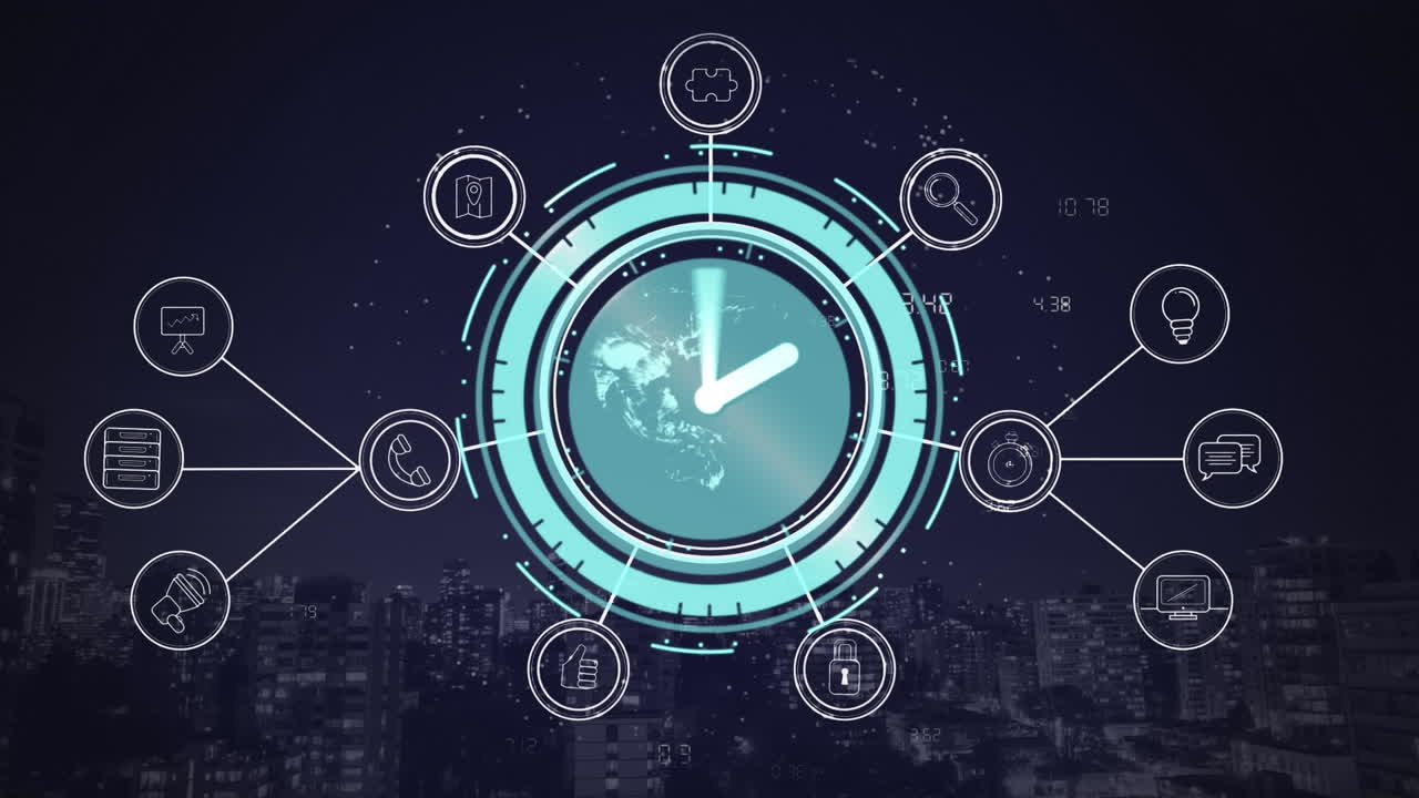 Animation of moving clock with icons over navy background