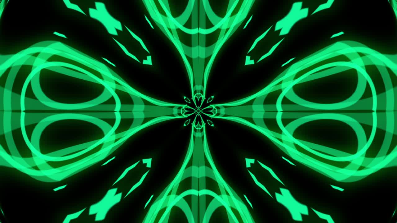 gráfico de movimiento abstracto complejo en bucle de círculos verdes, líneas y reflejos, creando forma de flor