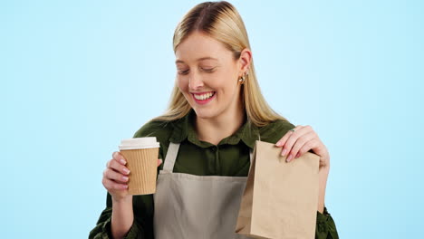 waitress, woman and happy with coffee takeaway