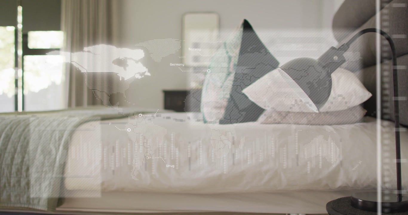 On playback HUD panels appearing over bed and lamp, merging, showing map data for real estate