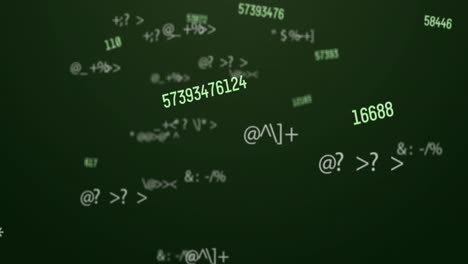 animación digital de múltiples números y símbolos cambiantes contra un fondo verde