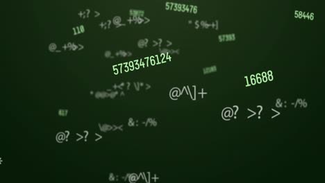 digital animation of multiple changing numbers and symbols against green background