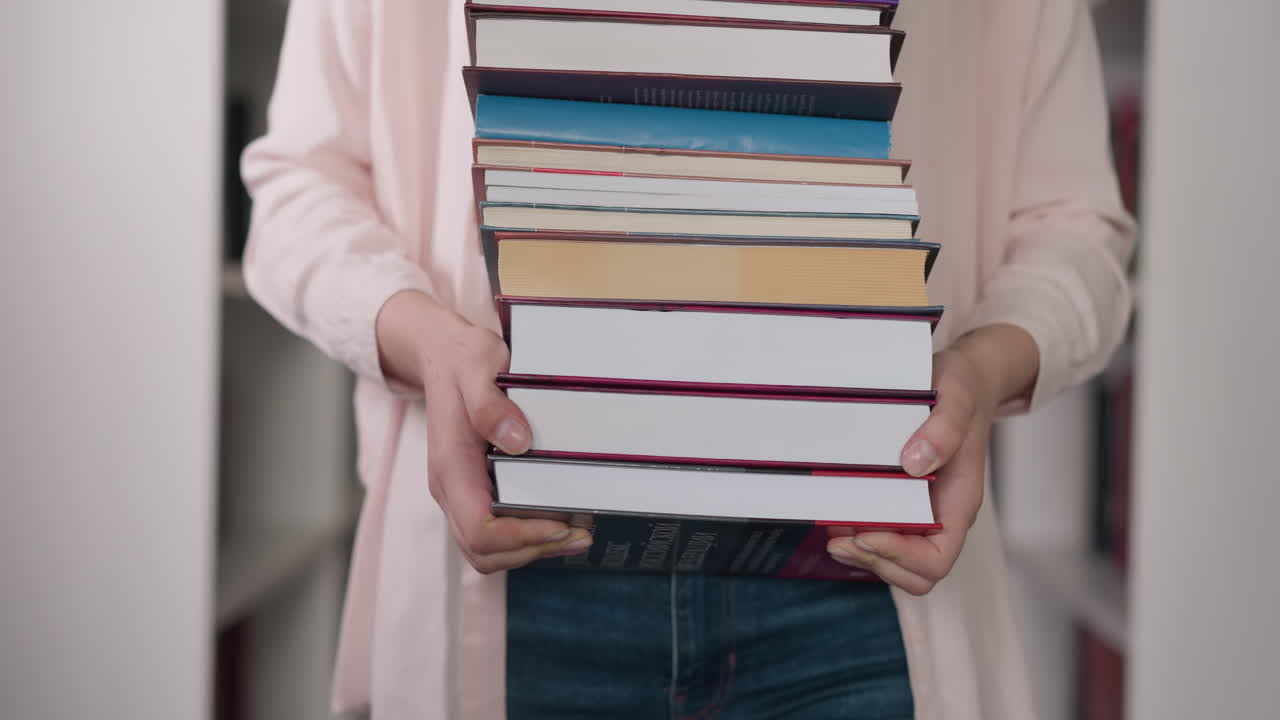 Book stack in woman hands closeup. Librarian holds high pile of chosen literature walking across library. Knowledge base sources for students