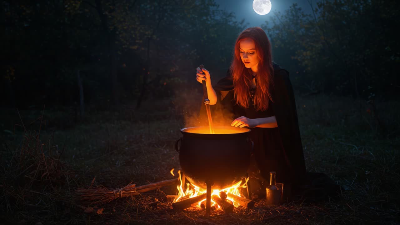 Mystical Night: A Sorceress Brews a Fiery Potion Under the Glow of a Full Moon, Deep in the Enchanted Forest, Surrounded by Nature's Shadows and Whispers