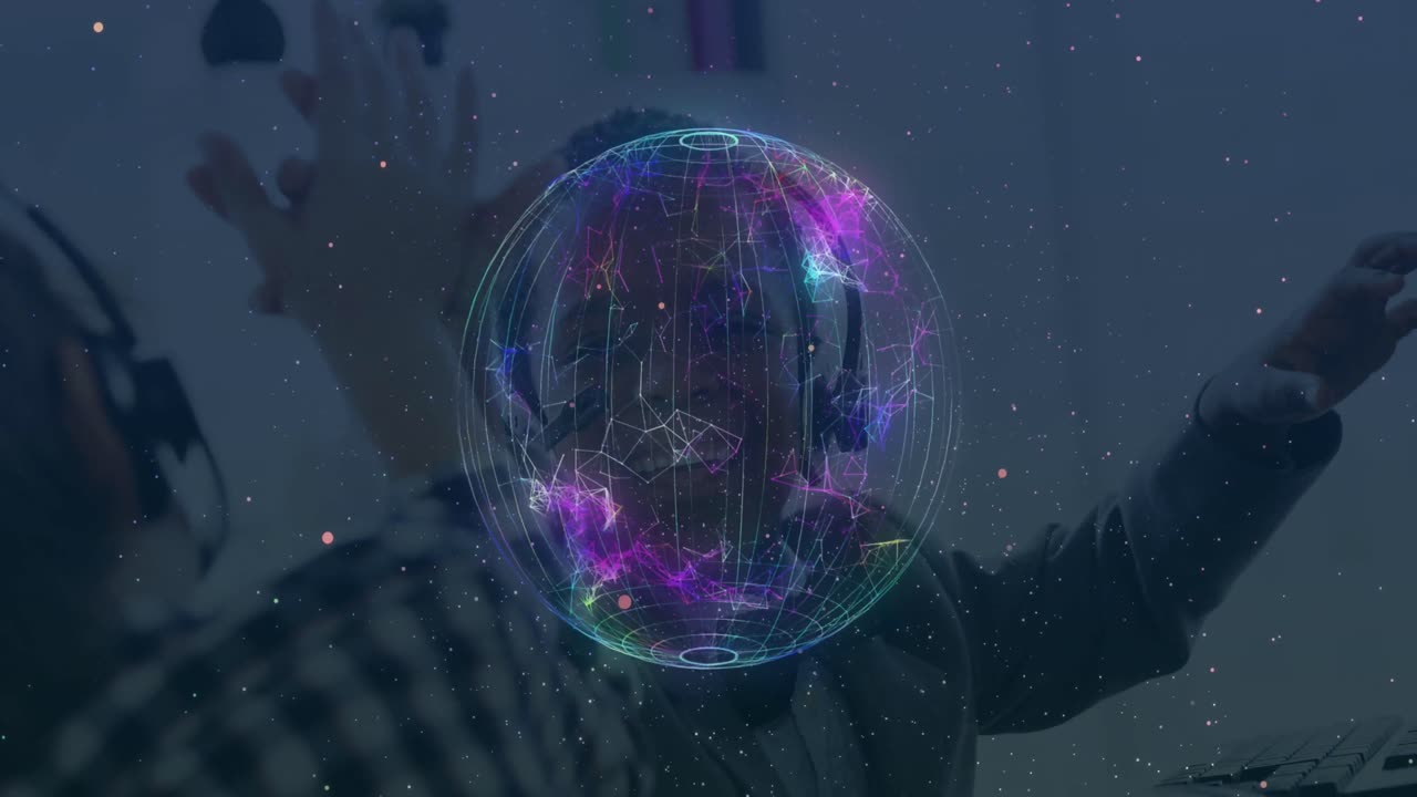 animación digital sobre jóvenes felices usando auriculares.