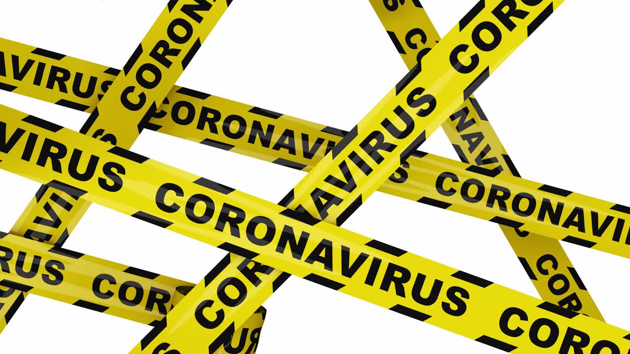 Yellow warning tape with Coronavirus, warning of infection, rolling across the screen then shattering. End the lock down concept. With mask. 3d render.