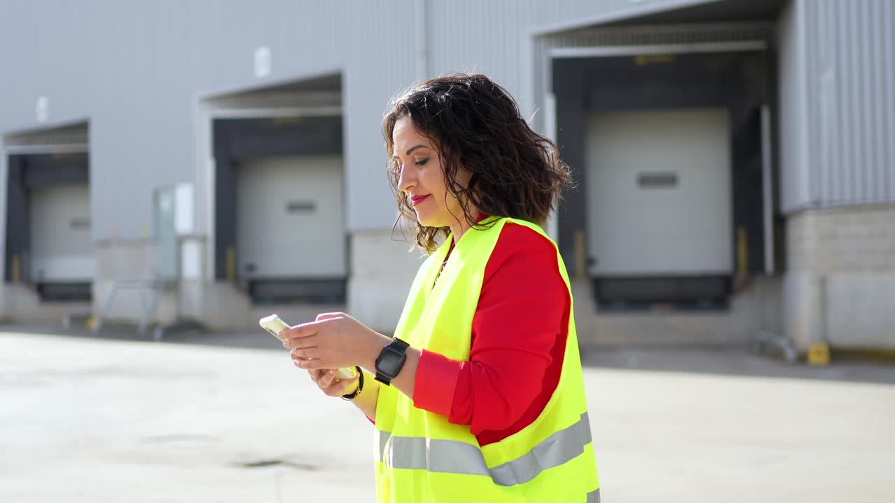 Two women in high-visibility clothing talking in front of a warehouse