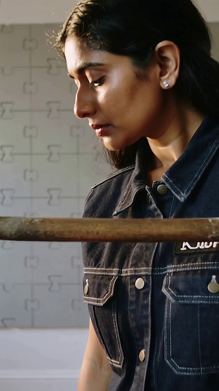 Video verticale: La telecamera si allontana da una donna in denim alla sbarra che si inclina, preparandosi in studio