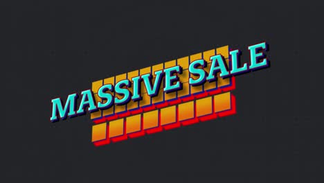 animación de las palabras venta masiva en letras turquesas con formas gráficas rojas y azules