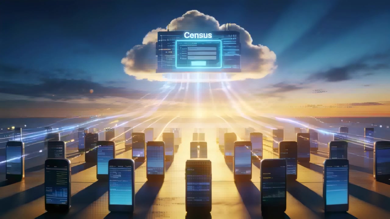 Activating central phone globe animation, smartphones streaming Census data toward cloud at sunset