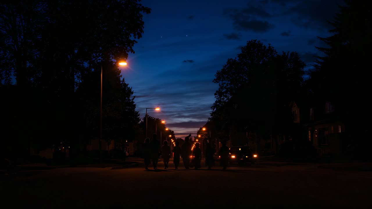 As lamps lighting, friends mounting bikes and scooters, riding down quiet dusk street with helmets