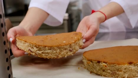 close-up of the cook laying out a round biscuit dough on a baking sheet.