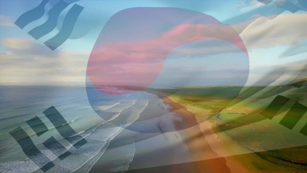 해변과 바다 파도의 공중 전망에 반해 한국 국기를 흔드는 디지털 구성