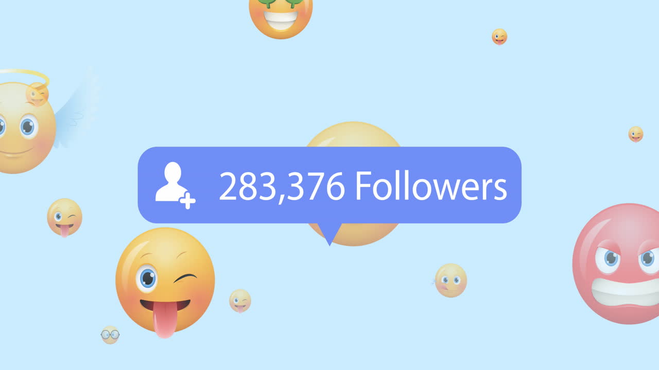 Animation of social media icon and text with emoji icons over blue background