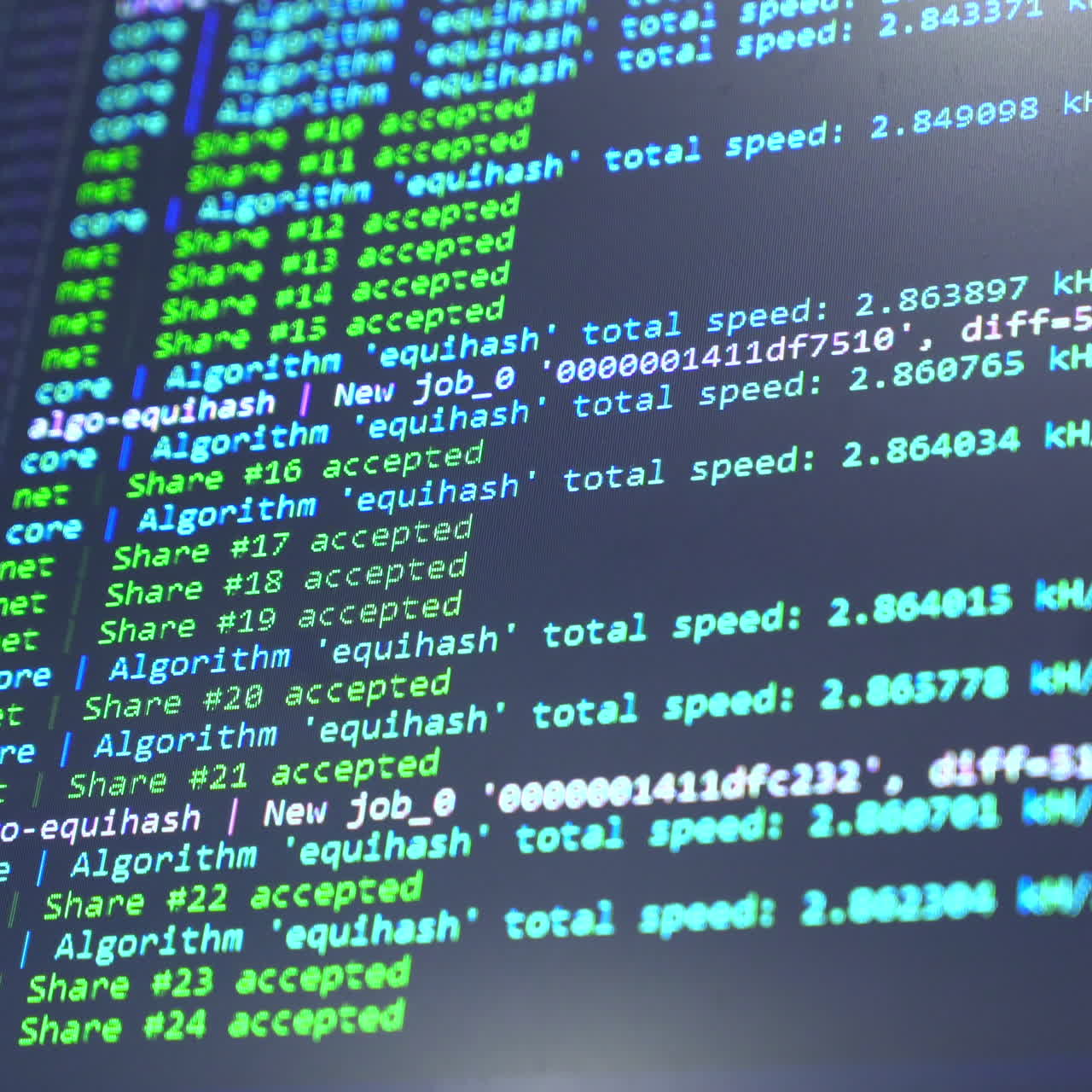 Screen with crypto code. Program code for mining cryptocurrency, mining work. Screen with software developer code. Crypto-currency
