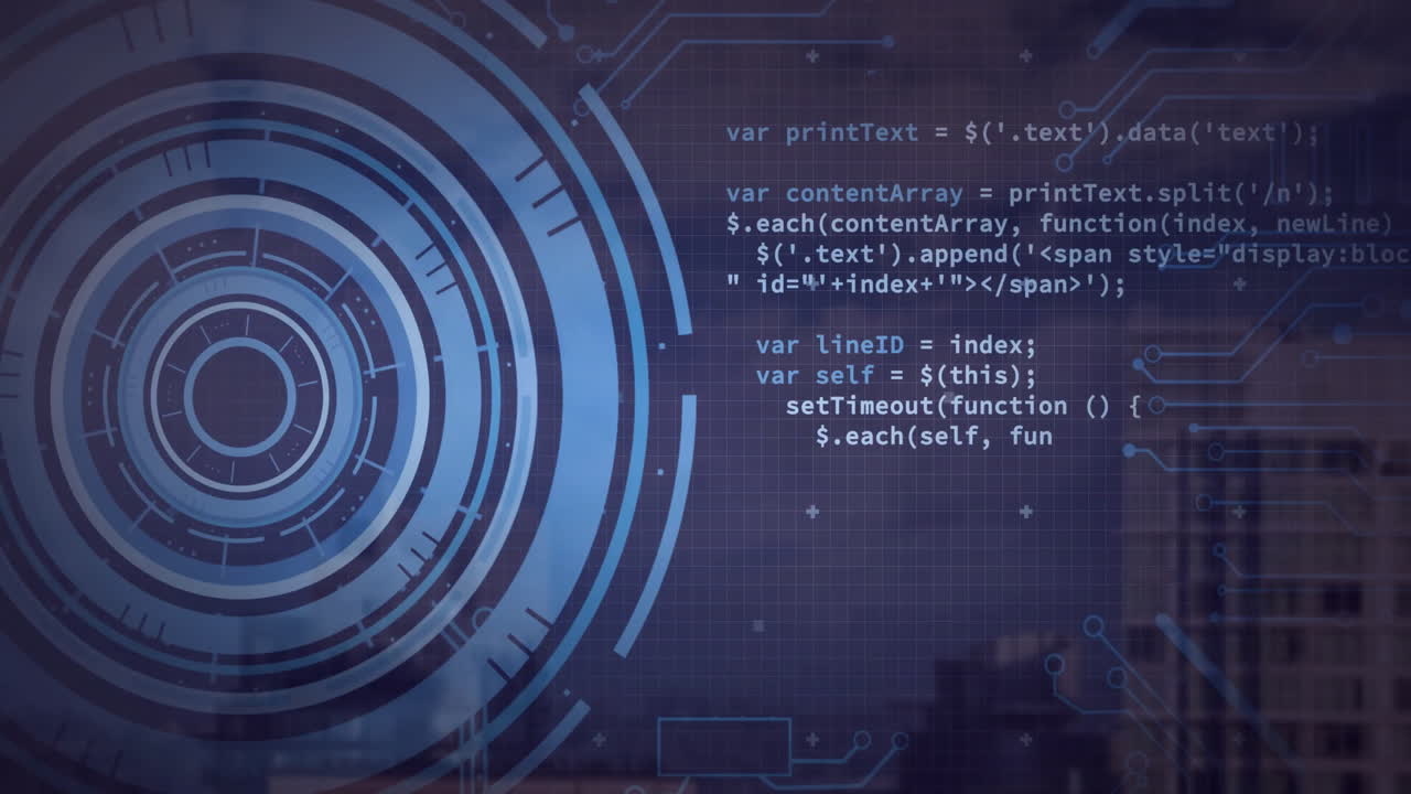 Circular interface animation over cityscape with grid and circuit patterns